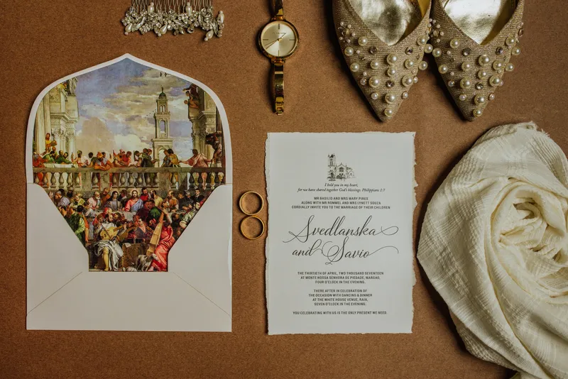 5.The Wedding at Cana painted in 1562–1563 used as an envelope liner along with a beautifully deckled invitation