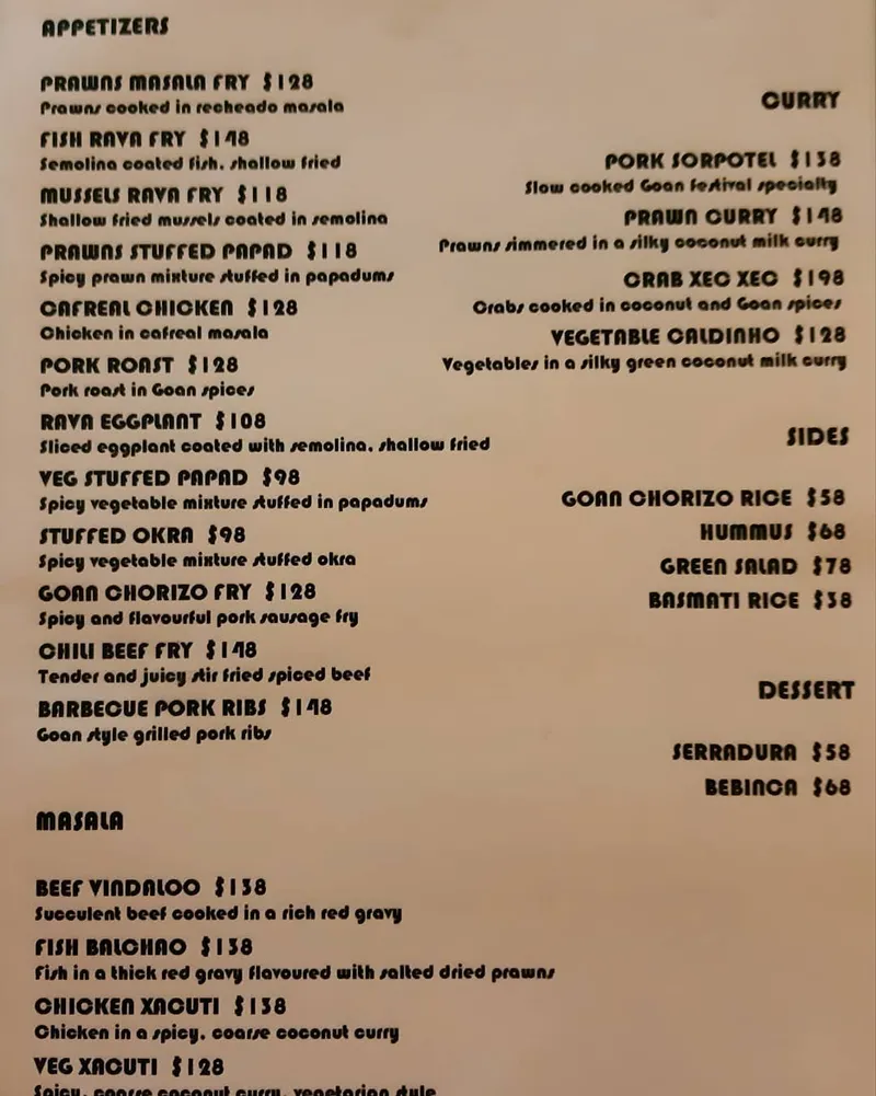 Menu at Goa Nights