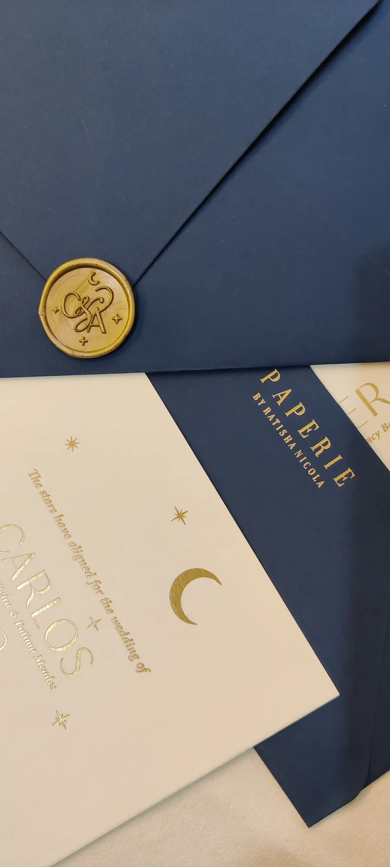 7.Gold foiling on our most popular ivory cardstock for Aliser and Carlos for their celestial themed wedding