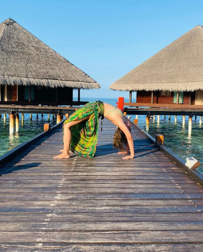 Archana doing Chakrasan at Maldives