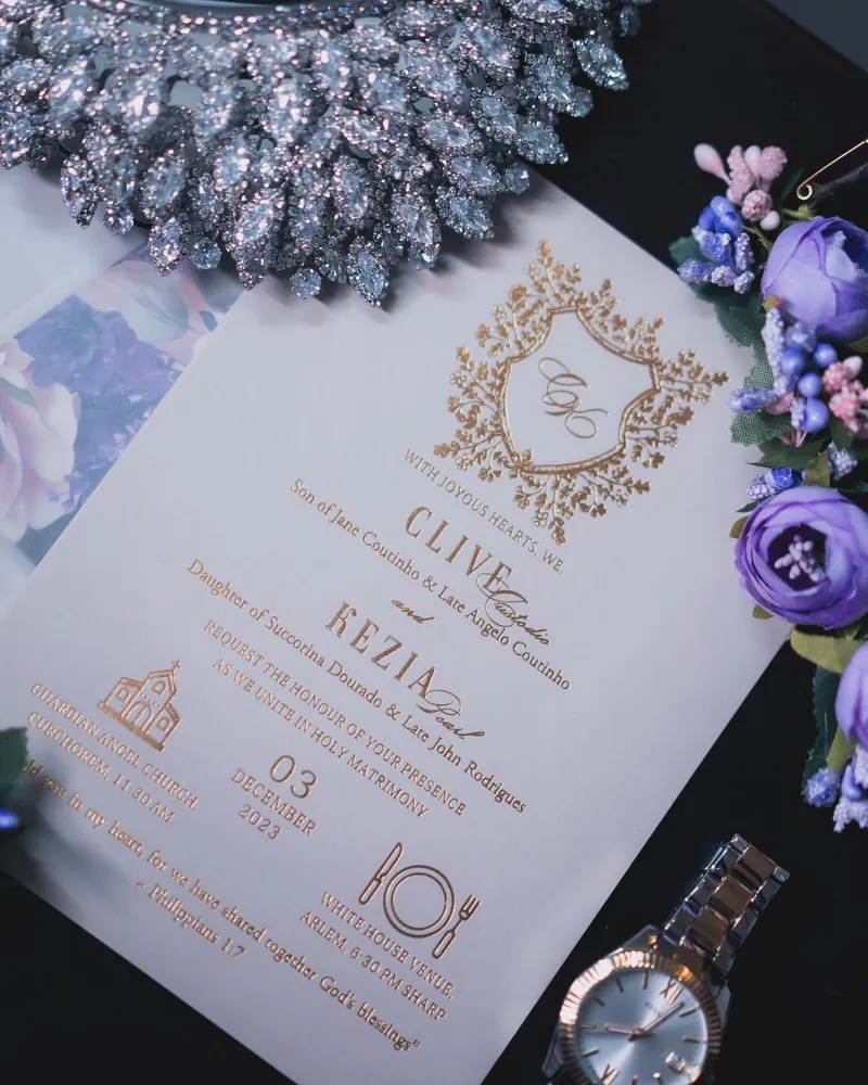 Gold foiling on our favourite beige cardstock for Clive and Kezia