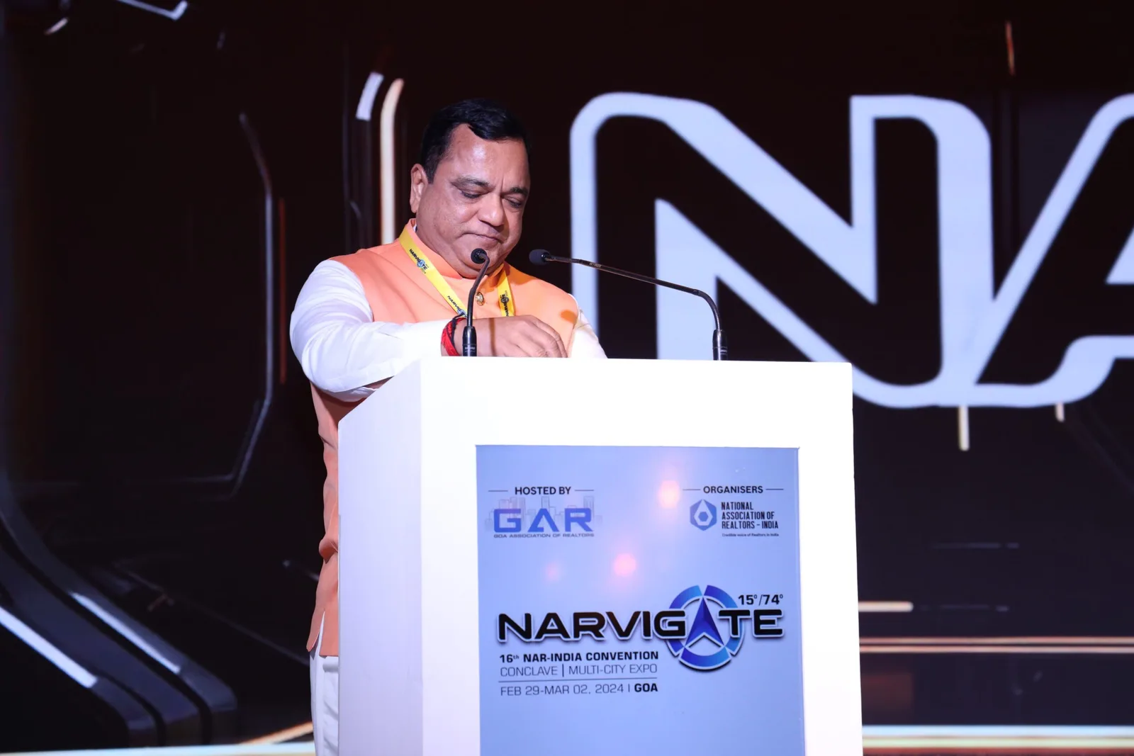 Mauvin Godinho, Minister for Transport, Industries, Panchayati Raj, Protocol, Member of GST Council, MLA of Dabolim Constituency addressing delegates at the National Convention hosted by GAR