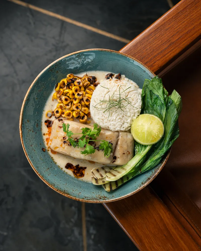 Poached chonak in coconut lemongrass veloute