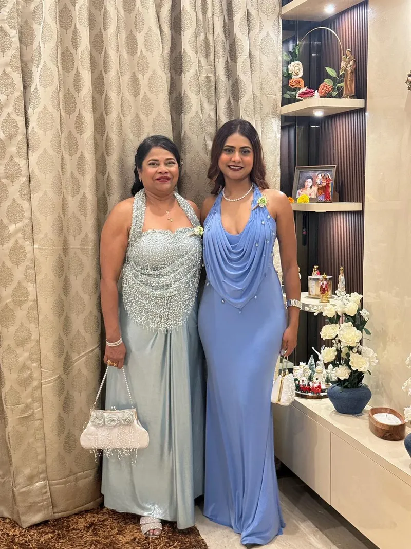 Turquoise Saree gown and cobalt blue bodycon dress with embellished cowl neck (1)