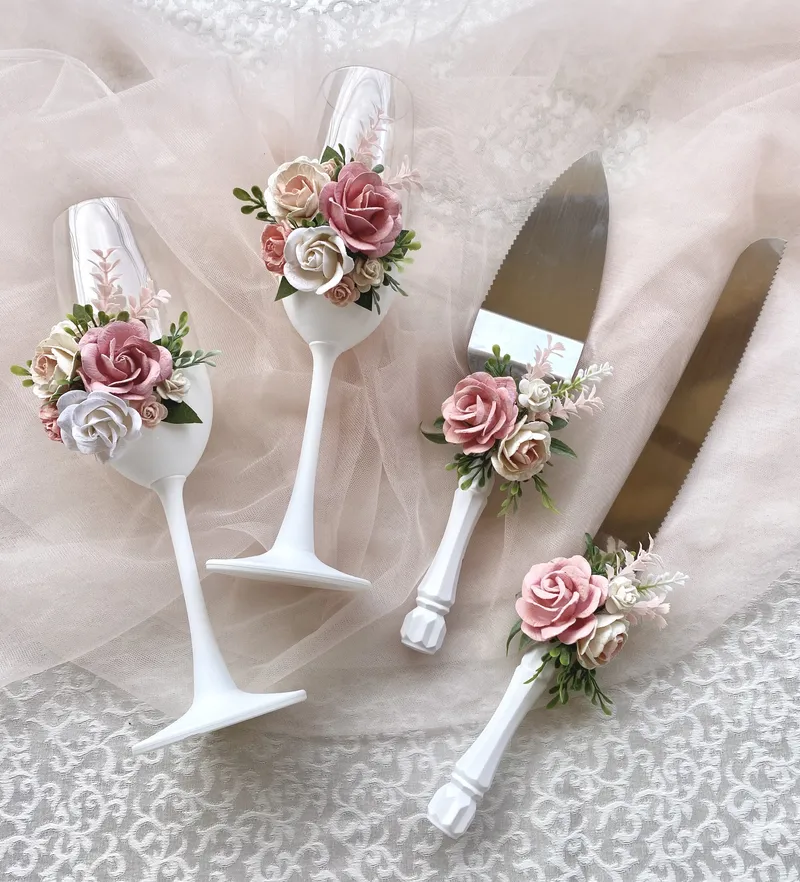 Wedding cake knife set and Champagne Glasses
