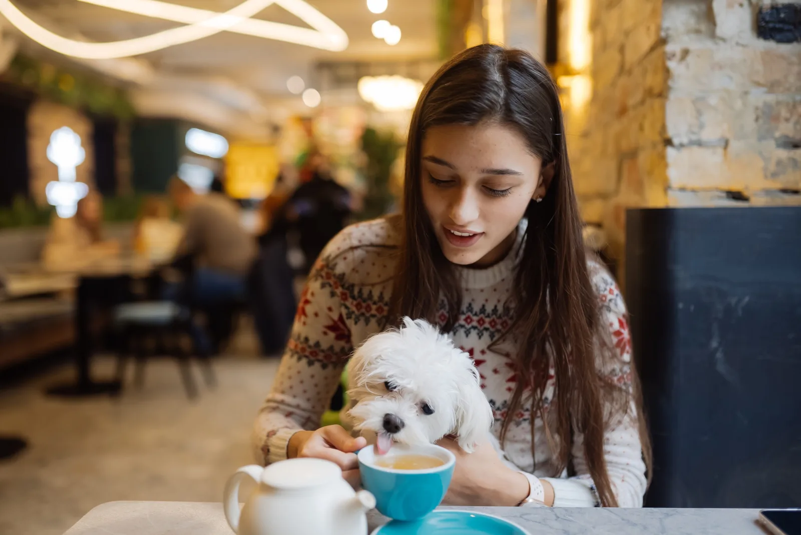 Beautiful woman is holding her cute dog, drinking coffee in cafe