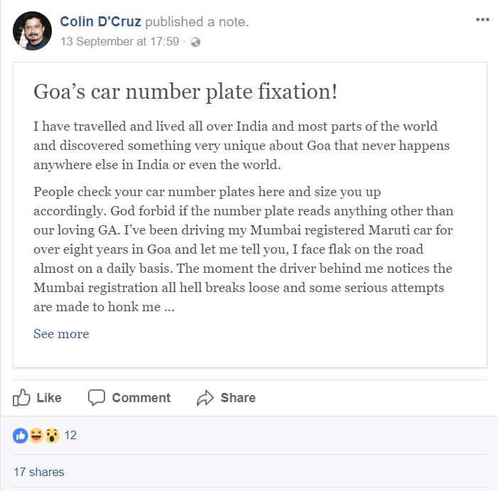 Facebook Post by Colin Dcruz