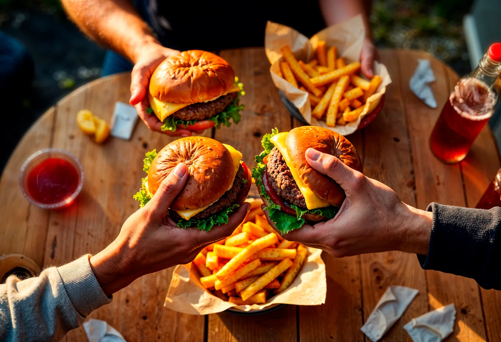 friends-enjoying-burgers-fries-picnic