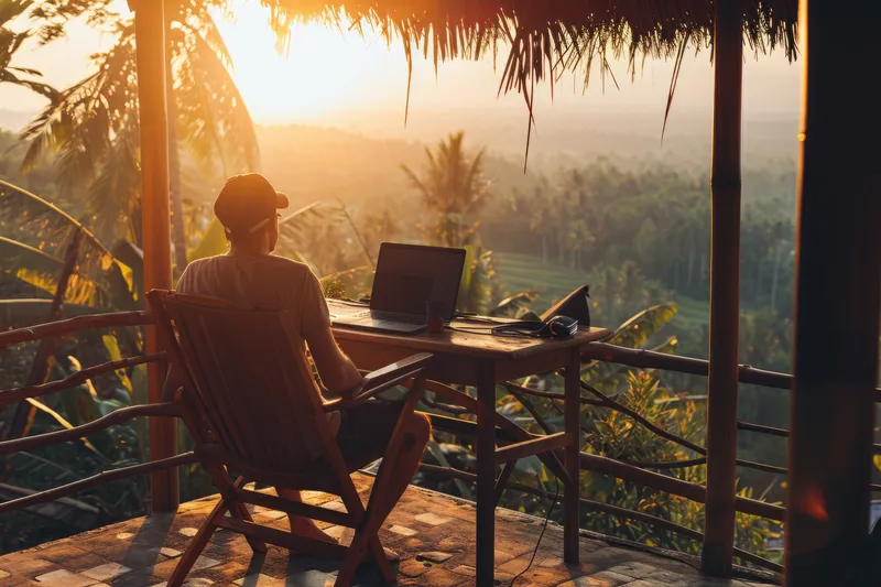 scene with diverse young people being digital nomads working remotely from dreamy locations